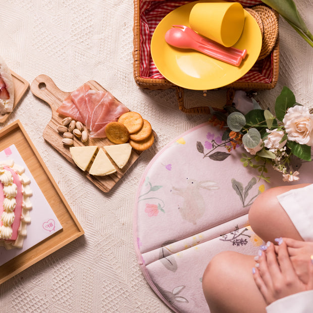A picnic with cheese, crackers, prosciutto, pistachios, cake, and a wicker basket sits on a mat by flowers and someone's knees—made extra charming with Doki Doki Kawaii Crate plushies from Japan Crate.