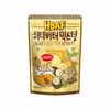 HBAF Korean Style Mixed Nuts: Honey Butter comes in a 90g stand-up pouch with illustrations of nuts, honey, and butter. Enjoy this Korean snack with a honey butter flavor and protein-rich bite. Text is in both Korean and English.