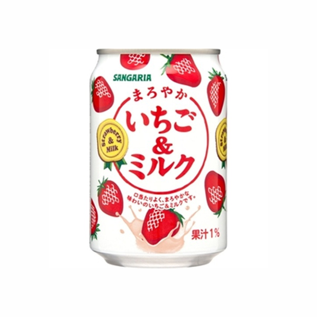The Sangaria Strawberry & Milk Can by Sangria, adorned with red strawberries and Japanese text on a white backdrop, offers a creamy, delectable taste. This sweet beverage perfectly blends ripe berries into a silky milk drink that indulges your senses.
