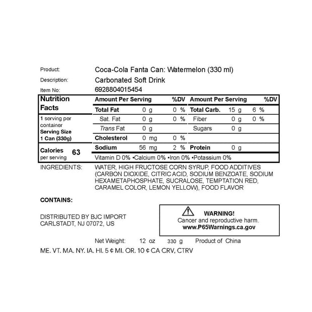 Nutrition label for Coca Cola Fanta: Watermelon, a refreshing soda by Sugoi Mart Retail, 330 ml. Displays information on calories, fat, sodium, carbohydrates, and includes ingredients and distributor details. Contains a California Proposition 65 warning.