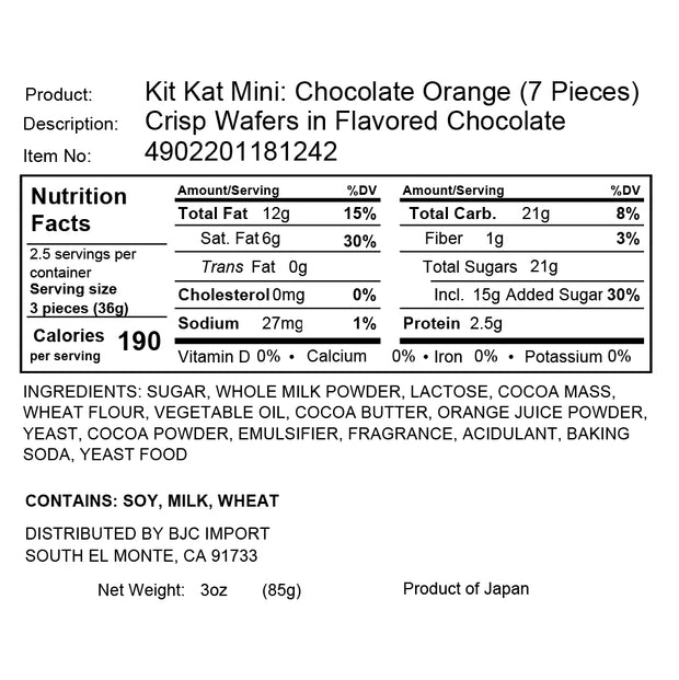 Nutrition info for Nestle Japan's seasonal treat, Japanese Kit Kat: Chocolate Orange (7 pieces) includes 190 calories per container, 12g total fat, 21g total carbs, and 2g protein. Contains milk, wheat, soy. Enjoy this delightful twist on a classic!.