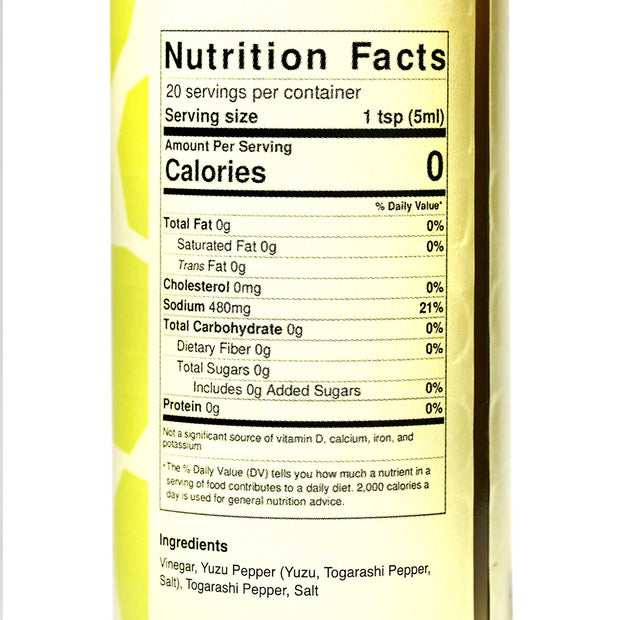 The Bokksu Yuzu Hot Sauce (3-Pack) features a nutrition label with zero calories, 480mg sodium per serving, and ingredients including vinegar, yuzu kosho for a spicy and tangy kick, togarashi pepper, and salt.