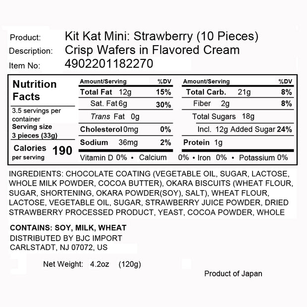 Image of a nutrition label for a Nestle Japan Japanese Kit Kat 6 Flavor Variety Pack (6-pack) in strawberry cream flavor, listing ingredients and nutritional facts.