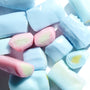 A mix of assorted pastel-colored taffy candies in blue, pink, and white hues is spread across a white background, evoking the enchanting flavors of the Morinaga Hi-Chew Large Stand Bag: Fantasy Mix. thumbnail 2
