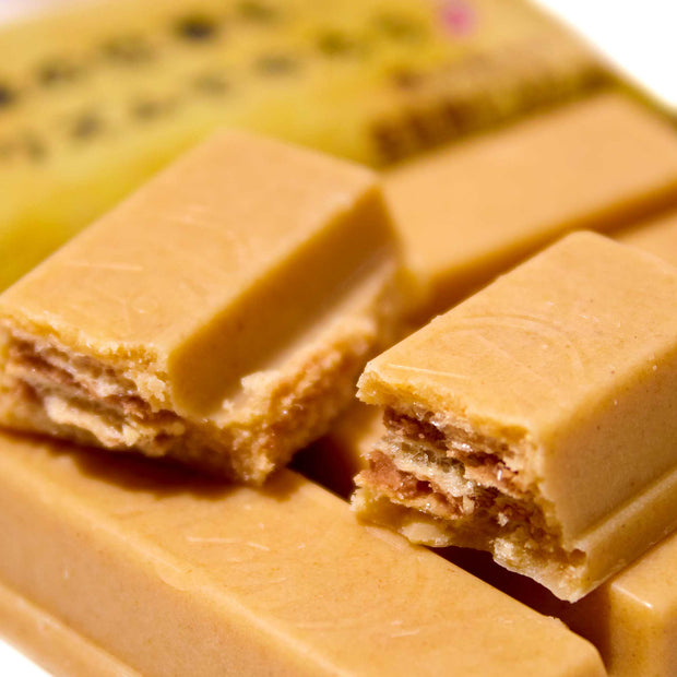A group of pieces of Japanese Kit Kat: Whole Wheat Cookie candy by Nestle Japan on a white plate.