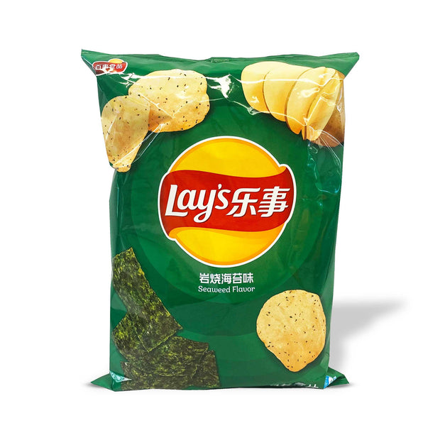 A bag of Lay's Iwaki Roasted Seaweed potato chips on a white background.