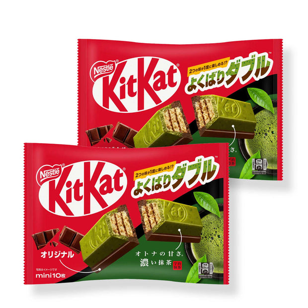 Two packs of Japanese Kit Kat: Green Tea Double Layer, by Nestle Japan, elegantly displayed against a white background.