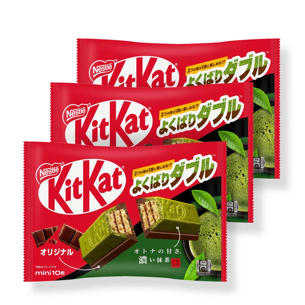 Three packs of Nestlé Japan's Japanese Kit Kat: Green Tea Double Layer feature images of green tea and chocolate wafers, showcasing the delightful Japanese Kit Kat experience.