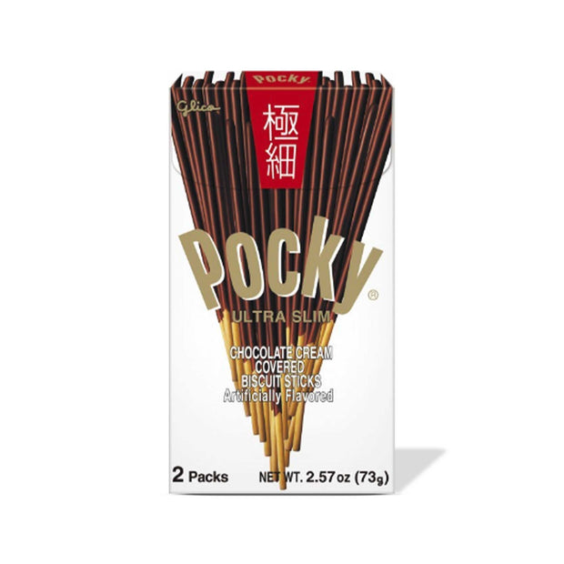 A box of Glico Pocky: Ultra Slim Chocolate sticks with ultra slim, creamy chocolate coating on a white background.