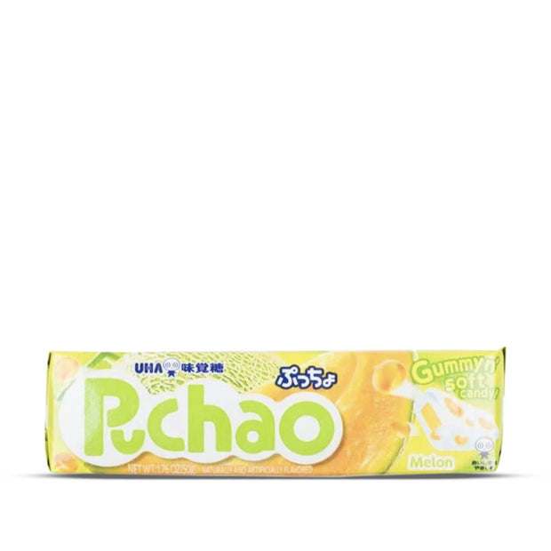 A UHA Mikakuto Puchao Gummy Candy: Melon bar on a white background.