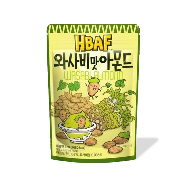 A package of HBAF Korean-style Wasabi Almond snacks featuring an illustration of cartoon almonds with wasabi.