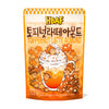 A colorful, resealable bag featuring HBAF Korean Style Almonds: Toffeenut Latte with a drawing of a toffee nut latte and almonds against a bright background. Text is in both Korean and English, showcasing this delicious and nutritious Korean-style almond snack.