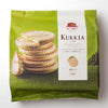 The Kukkia Crepe Cookie: Matcha Chocolate from Bokksu Market is showcased, highlighting a stack of crispy crepe cookies filled with creamy matcha chocolate and infused with a premium green tea flavor, set against a vibrant green backdrop. The packaging indicates there are 10 pieces inside.