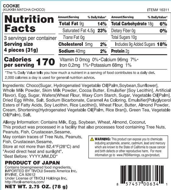 The nutrition label for the Kukkia Crepe Cookie: Matcha Chocolate by Bokksu Market emphasizes calories, total fat, carbs, and ingredients. It also features allergy warnings for milk, soy, egg, wheat, almond, coconut, and other allergens. Relish a hint of Matcha chocolate perfectly combined with rich flavors in every delightful bite.
