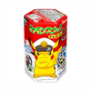 The Tohato Pokemon Chocolate Puffs come in a hexagonal red box with Pikachu in a captain's hat and Japanese text, featuring tasty chocolate corn puffs and a fun Pokemon sticker inside.