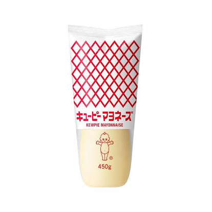 The 450g Kewpie Japanese Mayonnaise: Original Tube features a red lattice design and Japanese text. Ideal for adding richness to baked goods or any dish.