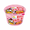 A pink Samyang Buldak Ramen Bowl package, featuring a cartoon chicken and tempting noodles, includes Japanese and Korean text. Ideal for those who love the bold taste of spicy Carbo Hot Chicken.