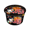 Samyang Buldak Ramen Bowl: Hot Chicken features a spicy chicken flavor, adorned with a cartoon chicken and pot. Packaged in black with red and white text, it's perfect for those daring enough to try the Fire Noodle Challenge.
