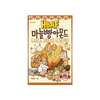 The packaging for HBAF Korean Style Almonds: Garlic Bread features cartoon chefs and ingredients like garlic and butter in both Korean and English, with a 110g label, emphasizing this protein-rich snack.