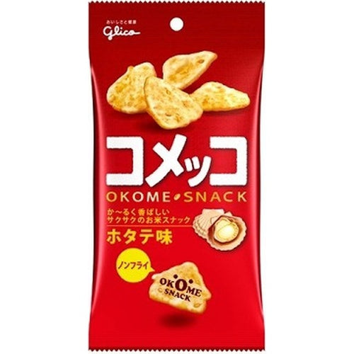A package of Glico Komeko Scallop, displaying the crispy, scallop-flavored rice snacks on a vibrant red background, highlighting the rich, umami taste. Brand: Bokksu Market; Product: Glico Komeko: Scallop.