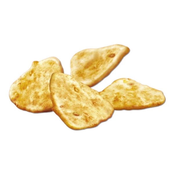 Glico Komeko Scallop chips, showcasing their golden, crispy texture and irregular shapes, perfect for savoring the rich, savory scallop flavor in each bite-sized snack.