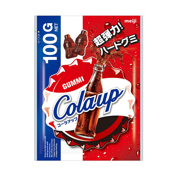 A dynamic packaging with a bursting cola bottle graphic, cola gummy candies, and a vibrant red and blue color scheme, evoking a fizzy, flavorful experience. Brand: Bokksu Market; Product: Meiji Sangyo Gummy: Cola.