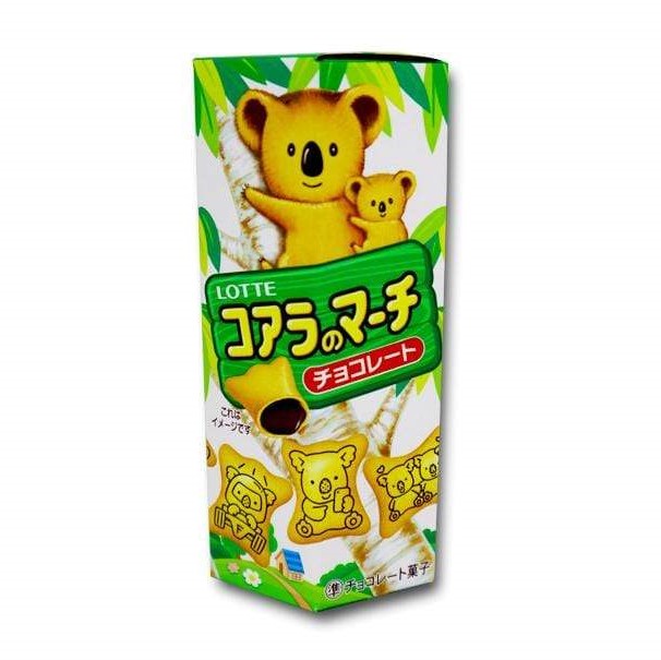 A joyful package adorned with adorable koala characters among bamboo, highlighting the cute, koala-shaped, chocolate-filled biscuits inside. Brand: Bokksu Market; Product: Lotte Koala March: Chocolate.