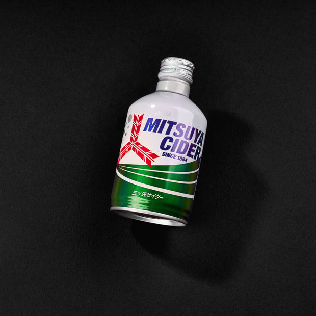 Asahi Mitsuya Cider (300ml) in a sleek aluminum bottle with a silver cap, showcasing its bold red logo, green and white design, and refreshing carbonation for a crisp, fizzy taste. Brand: Bokksu Market; Product: Asahi Mitsuya Soda: Cider.(300 ml).
