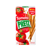 Pretz Sticks: Tomato, presented in a bright red and green package with fresh tomato imagery. The crispy biscuit sticks are seasoned with a savory tomato flavor and extra virgin olive oil. Brand: Bokksu Market; Product: Glico Pretz Sticks: Tomato.