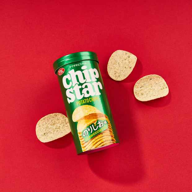 YBC Chips Seaweed Salt in a bold green canister, featuring crispy stacked potato chips infused with savory seaweed flakes and salt for an umami-rich, crunchy snacking experience. Brand: Bokksu Market; Product: YBC Chip Star: Seaweed Salt (S).