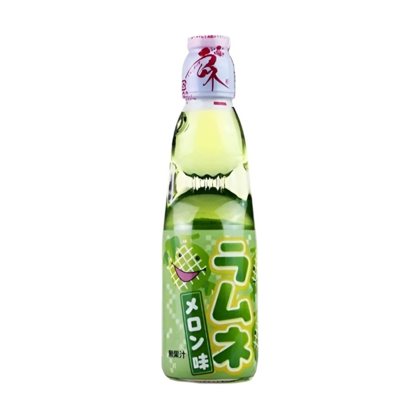 The image features a Hata Ramune Soda: Melon (6.76 oz) bottle. The packaging is green, with illustrations of a melon and Japanese text. This carbonated Japanese soda is famous for its unique marble-sealed glass bottle, which creates a fun and interactive drinking experience. The melon flavor gives it a refreshing and sweet taste. Brand: Bokksu Market; Product: Hata Ramune Soda: Melon (6.76 oz).