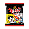 The image showcases a spicy and crunchy tteokbokki-flavored snack inspired by Samyang’s famous hot chicken ramen (Bulldak). The packaging features a black and red color scheme, emphasizing its bold and fiery taste. It includes playful cartoon chicken characters, one sweating from the spiciness and another breathing fire, hinting at the snack’s intense heat. Brand: Bokksu Market; Product: Samyang Bulldak Rice Cake Snack.