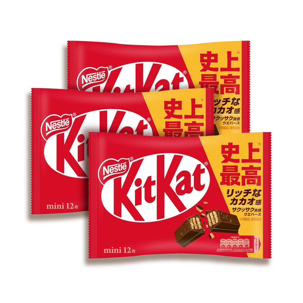 Three packs of red Nestle Japan's Japanese Kit Kat: Original Chocolate, each containing 12 mini milk chocolate bars with Japanese text.