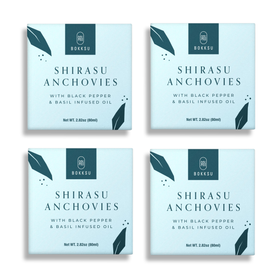 Bokksu Tinned Shirasu Anchovies with Black Pepper and Basil-Infused Oil (4-Pack)