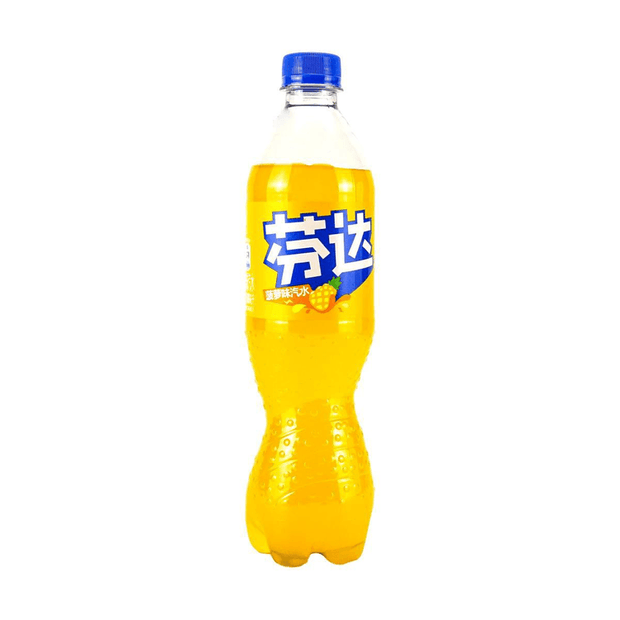 A transparent plastic bottle filled with pineapple soda, evoking a tropical refreshment, featuring a blue and white label with Chinese text and an image of pineapple slices. Brand: Sugoi Mart Retail; Product: Coca Cola Fanta: Pineapple.