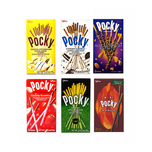 Savor the Glico Pocky: Variety Pack (6-Pack) by Glico, featuring six tasty biscuit stick flavors: chocolate banana, cookies & cream, almond crush, crunchy strawberry, matcha green tea, and classic chocolate.