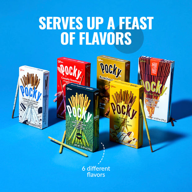 Six Glico Pocky: Variety Pack (6-Pack) boxes are arranged on a blue background, with two biscuit sticks in front. Text: "Serves up a feast of flavors. 6 different flavors." Brand: Glico.