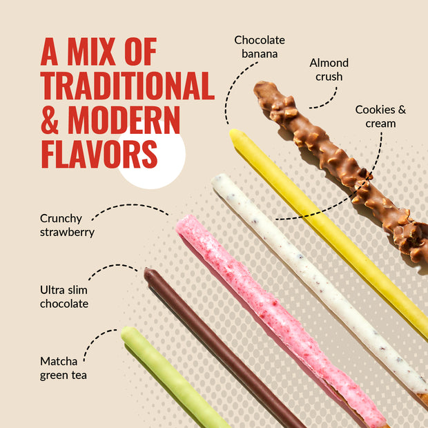 The Glico Pocky: Variety Pack (6-Pack) by Glico offers six delicious biscuit stick flavors—chocolate banana, almond crush, cookies & cream, crunchy strawberry, ultra slim chocolate, and matcha green tea—arranged diagonally.