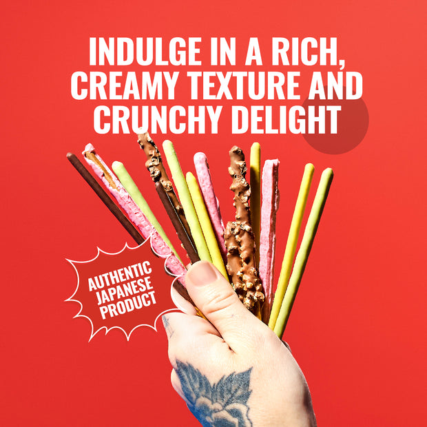A hand holds a Glico Pocky: Variety Pack (6-Pack) by Glico, featuring assorted biscuit sticks with chocolate, strawberry, and matcha coatings against a red background with promotional text.