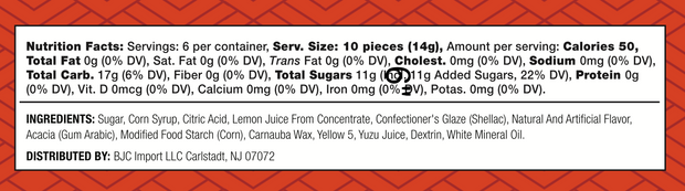Nutrition label displaying serving size, calories, fat, sodium, sugars, and ingredients for Bokksu Market Japanese Candy Bites Duo: White Strawberry & Sour Yuzu (3-Pack) on a red geometric background.