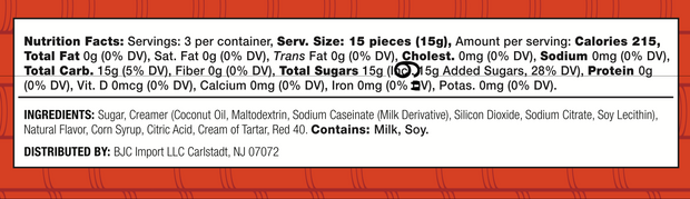 Nutrition label for Bokksu Market White Strawberry Japanese Candy Bites, showing nutrition facts, ingredients, allergen info, and distributor details on an orange background.