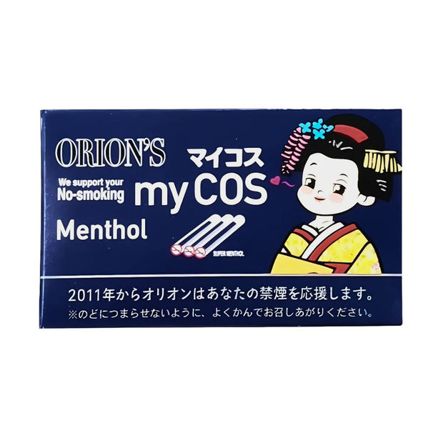 A blue box labeled "Orion MyCOS Sugar Stick: Menthol (20 pcs)" from Bokksu Market features an illustrated woman in traditional Japanese attire, promoting no smoking and refreshing mint-flavored candy sticks.