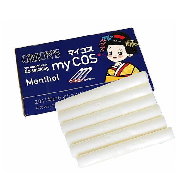 A box of Bokksu Market's Orion MyCOS Sugar Stick: Menthol (20 pcs) features a cartoon character and displays six white, stick-shaped menthol candies in front.