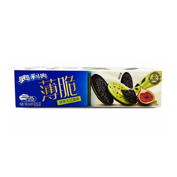 A rectangular box of Oreo Thin Cookies: Matcha & Fig by Oreo, with images of the cookies and ingredients on the packaging and Chinese labeling.