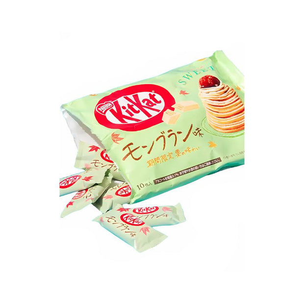 Discover Bokksu Market's Japanese Kit Kat: Mont Blanc, where chestnut white chocolate melts in every bite. The light green packaging entices with a dessert image and includes several individually wrapped bars for your enjoyment.