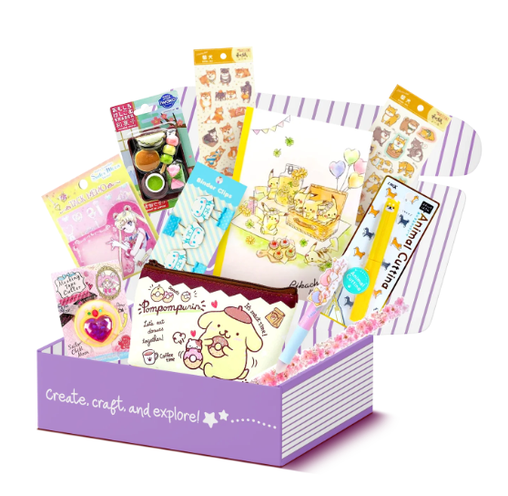 A kawaii purple box filled with a variety of Japanese stationery items from Japan Crate's Inku Stationery Crate.