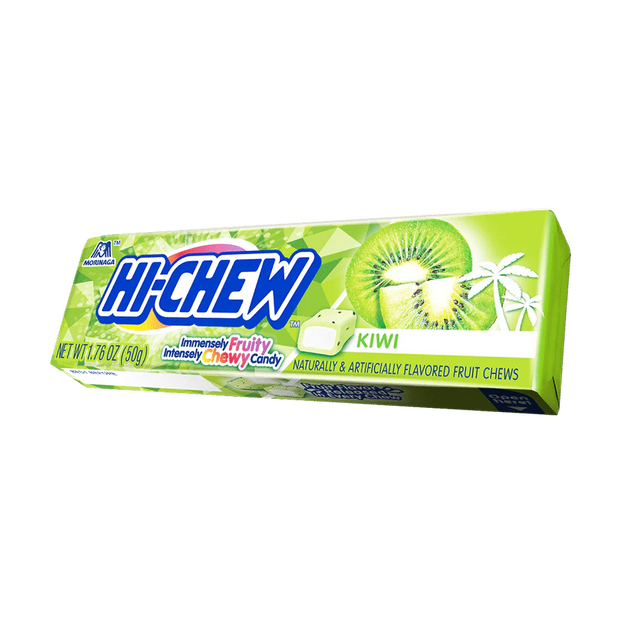 A box of Morinaga Hi-Chew Stick: Kiwi, with green packaging featuring images of kiwis and the text "Immensely Fruity Intensely Chewy Candy." Net weight 1.76 oz (50g).