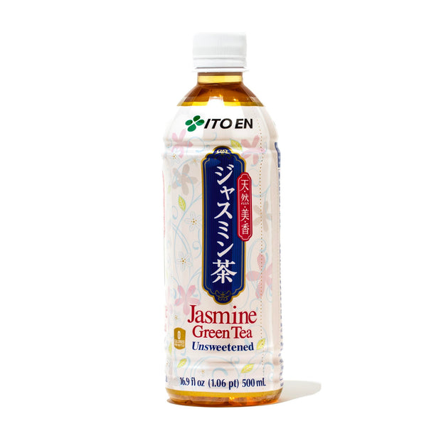 A bottle of Itoen Jasmine Green Tea on a white background.