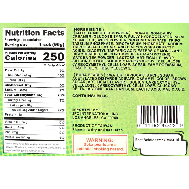 A label showing the nutritional facts of the J-Basket Boba Bubble Tea Kit: Matcha Tea (3 cups) from the brand J-Basket.