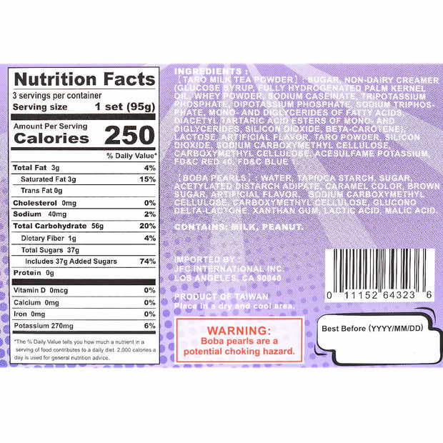 The back of a J-Basket Boba Bubble Tea Kit: Taro Tea (3 cups) with a purple background.